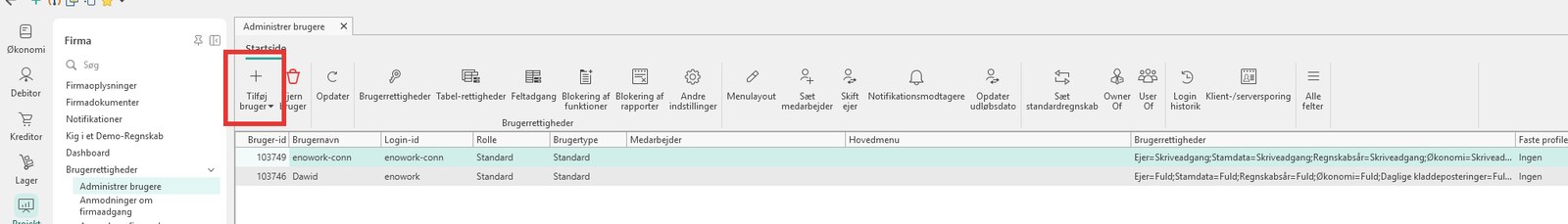 Uniconta: Administrer brugere med knappen Tilføj bruger markeret