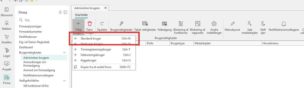 Uniconta: Menu under Tilføj bruger med Standard bruger markeret