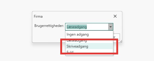 Uniconta: Listen med Skriveadgang markeret