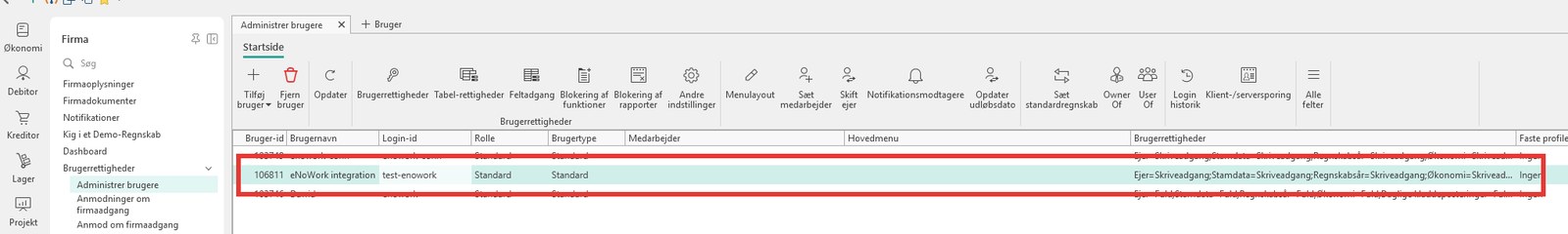 Uniconta: Brugerlisten med den nye integrationsbruger