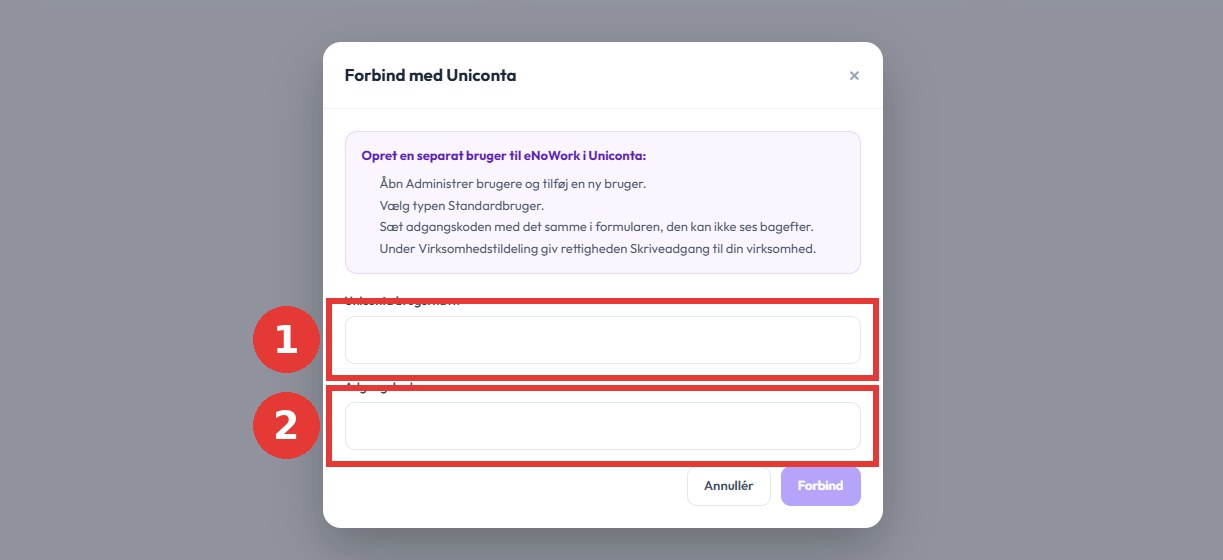 eNoWork: Vinduet Forbind med Uniconta