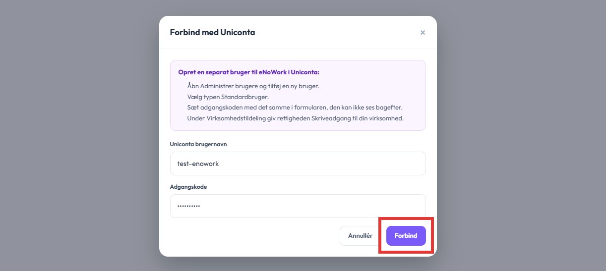 eNoWork: Udfyldt loginvindue med knappen Forbind markeret
