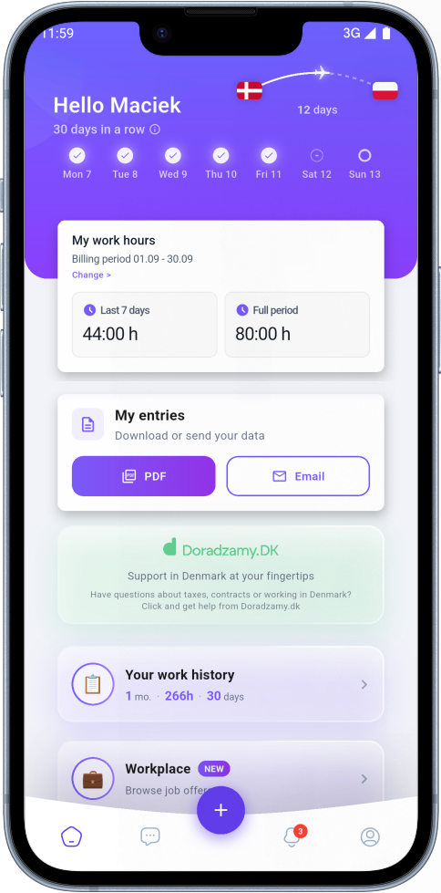 eNoWork app home screen with day streak