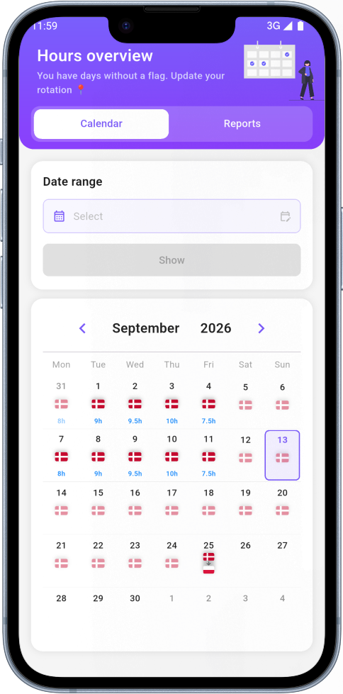 Rotation calendar in the eNoWork app