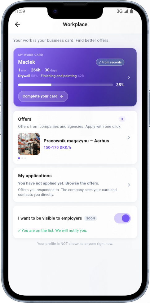 Workplace with job offers in the eNoWork app