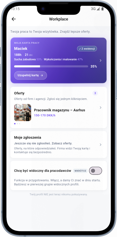 Workplace z ofertami pracy w aplikacji eNoWork